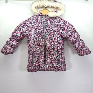 Carter's Ditzy Floral Puffer Coat Girl Medium Navy Faux Fur Trim Hooded Full Zip
